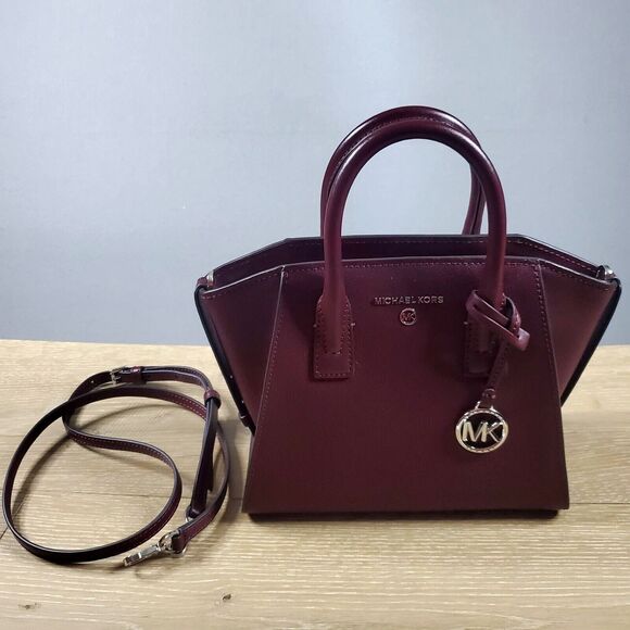 Michael Kors Avril Small Top Zip Satchel Crossbody MK Signature Maroon Silver - Picture 1 of 8